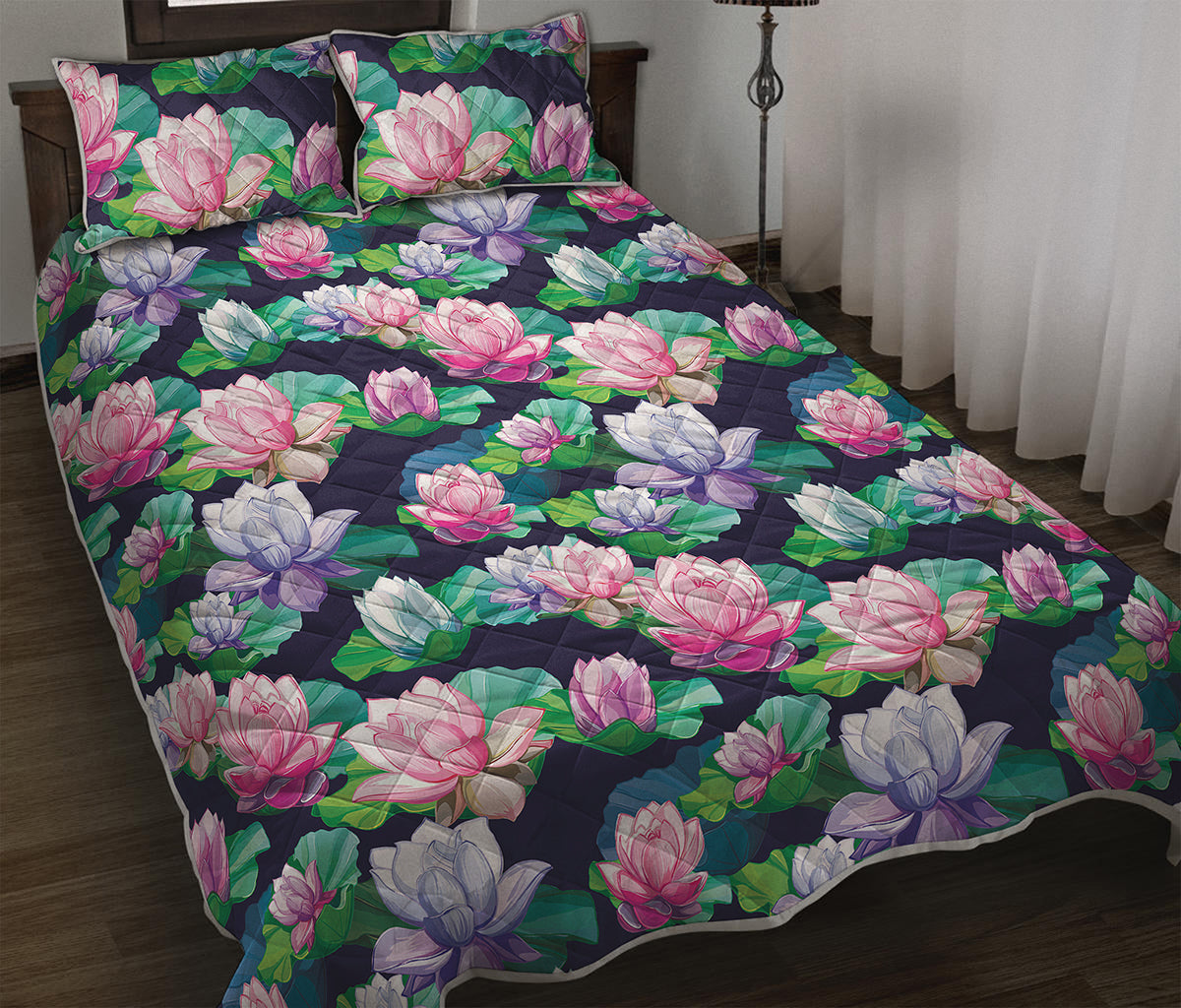 Vintage Lotus Floral Print Quilt Bed Set