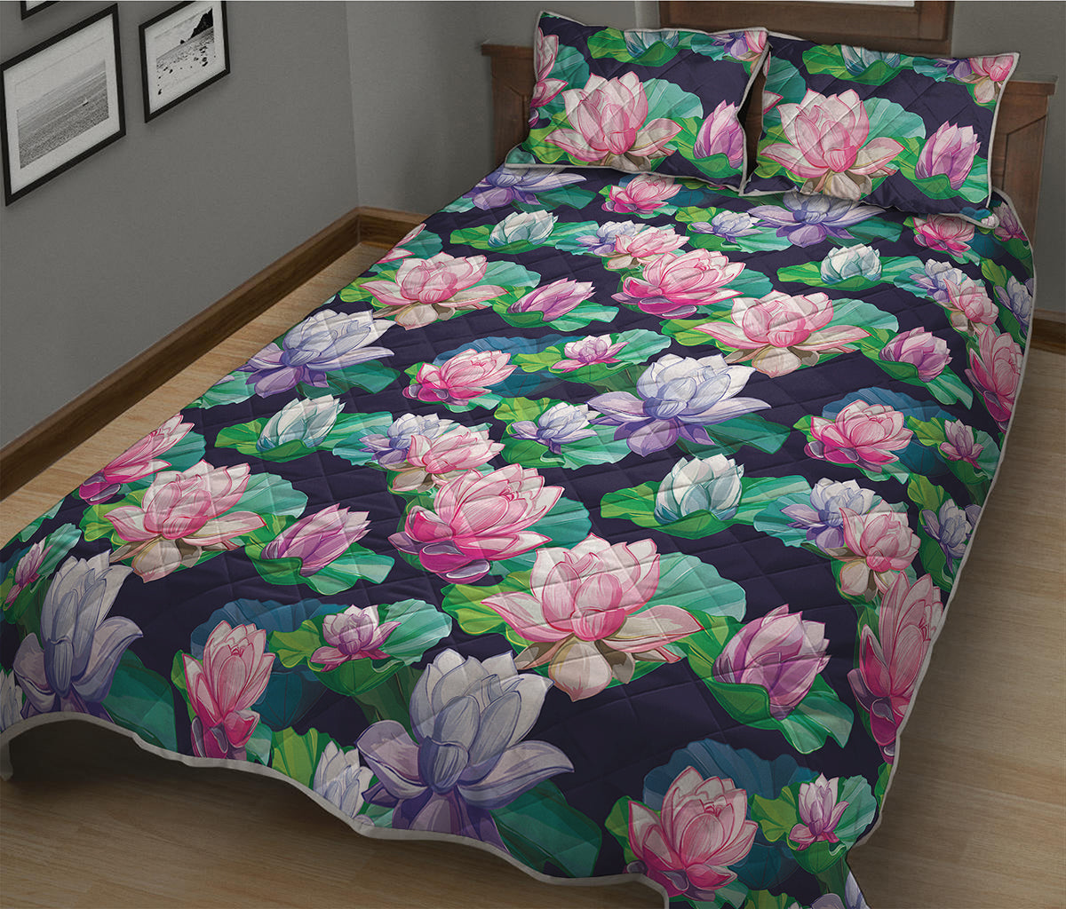 Vintage Lotus Floral Print Quilt Bed Set