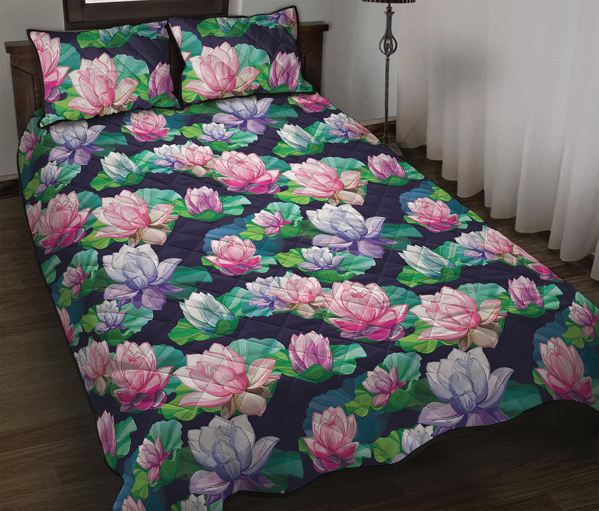 Vintage Lotus Floral Print Quilt Bed Set