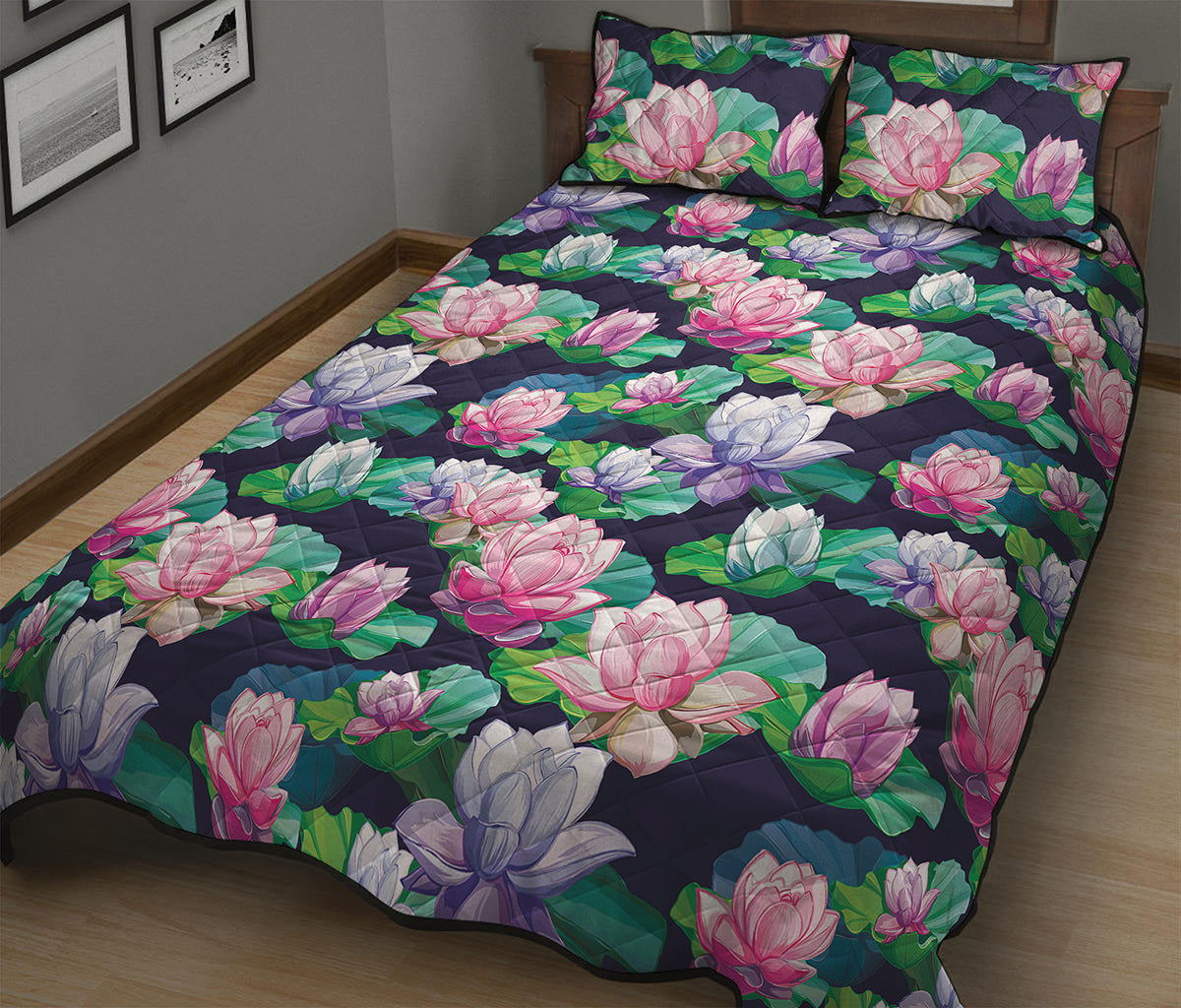 Vintage Lotus Floral Print Quilt Bed Set
