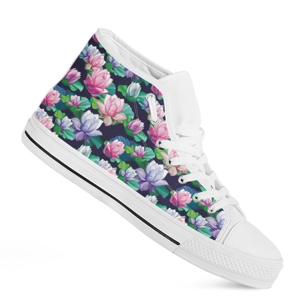 Vintage Lotus Floral Print White High Top Shoes