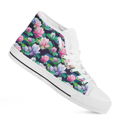 Vintage Lotus Floral Print White High Top Shoes