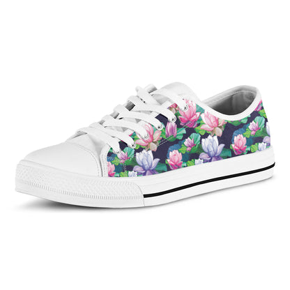 Vintage Lotus Floral Print White Low Top Shoes