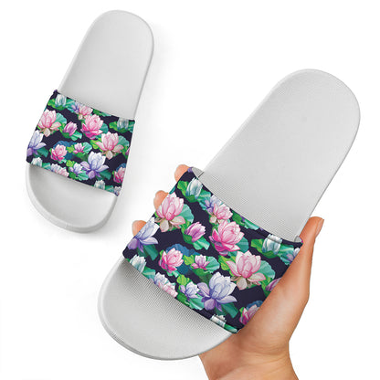 Vintage Lotus Floral Print White Slide Sandals