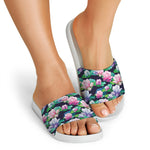 Vintage Lotus Floral Print White Slide Sandals
