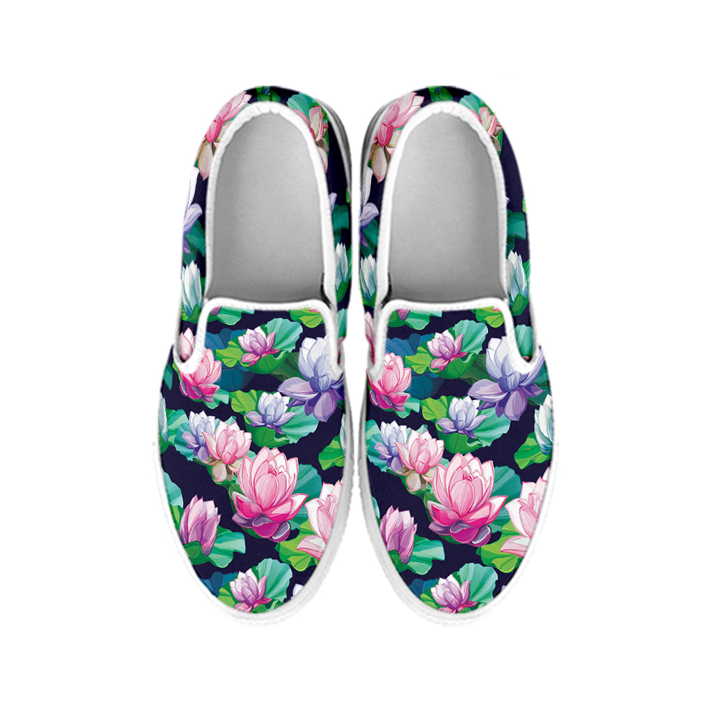 Vintage Lotus Floral Print White Slip On Shoes
