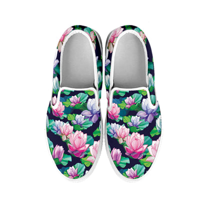 Vintage Lotus Floral Print White Slip On Shoes