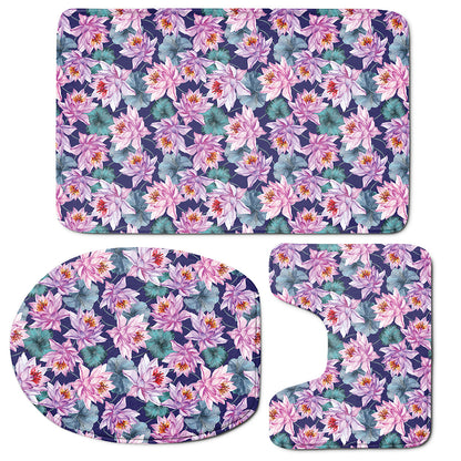 Vintage Lotus Flower Print 3 Piece Bath Mat Set