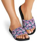 Vintage Lotus Flower Print Black Slide Sandals