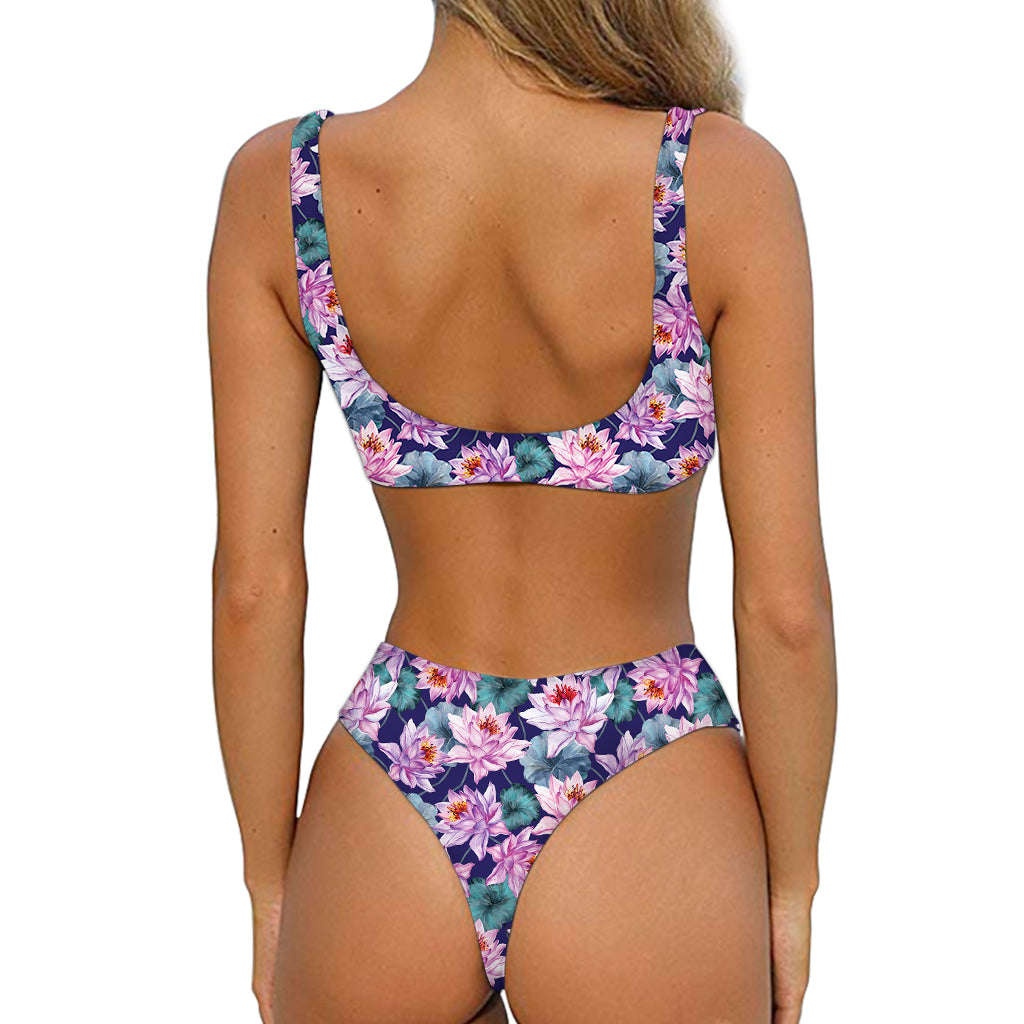 Vintage Lotus Flower Print Front Bow Tie Bikini