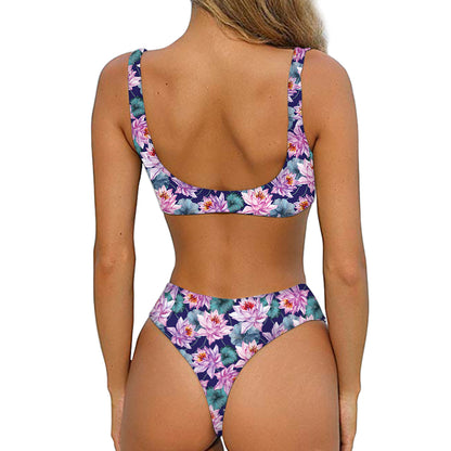 Vintage Lotus Flower Print Front Bow Tie Bikini