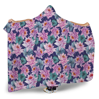 Vintage Lotus Flower Print Hooded Blanket