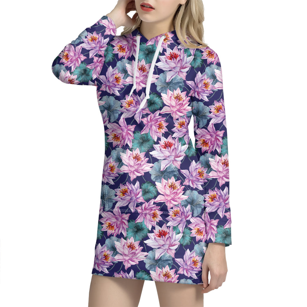 Vintage Lotus Flower Print Hoodie Dress