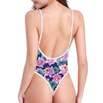 Vintage Lotus Flower Print One Piece High Cut Swimsuit