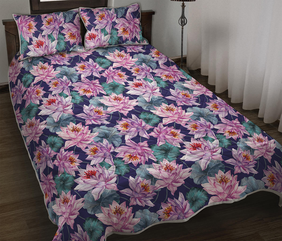 Vintage Lotus Flower Print Quilt Bed Set