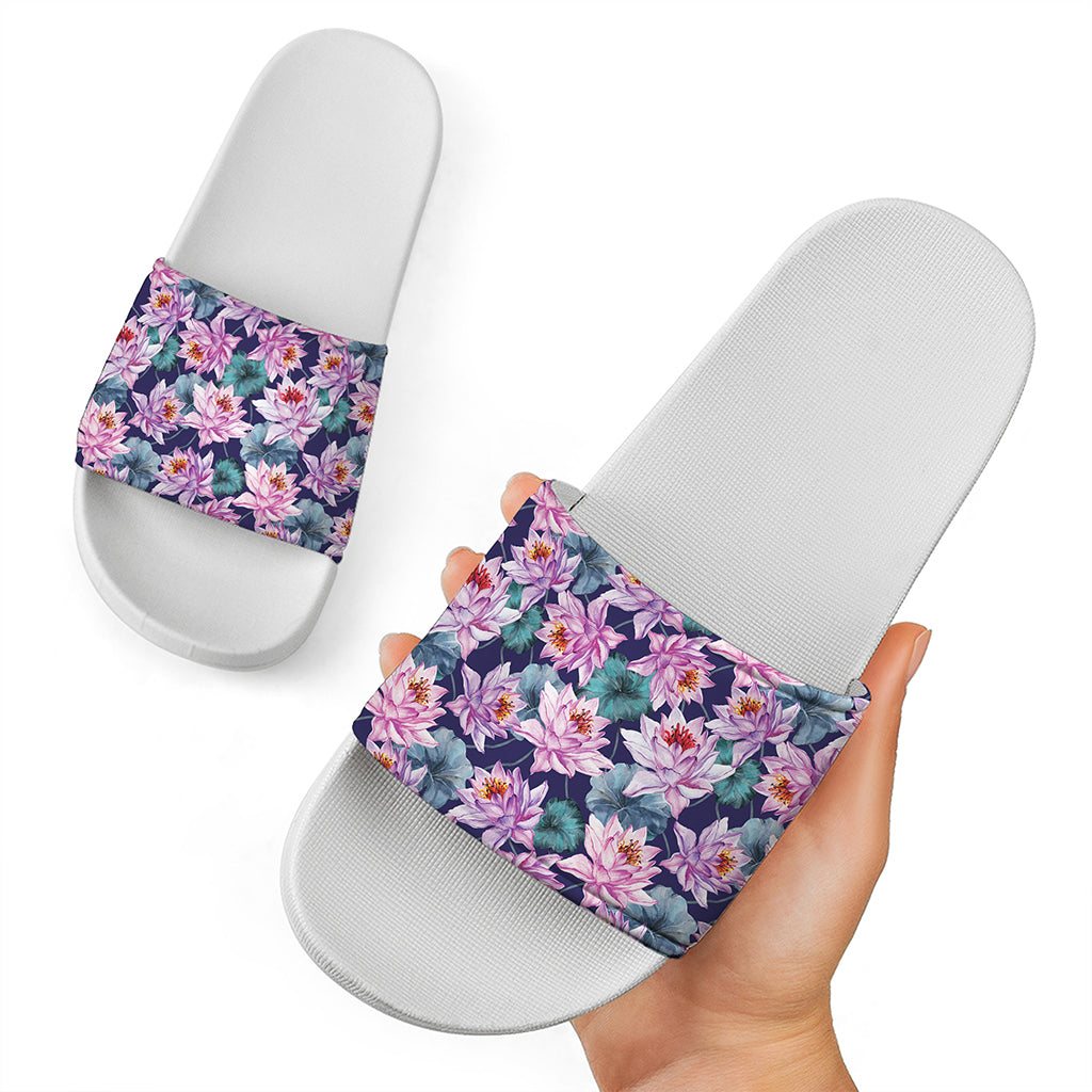 Vintage Lotus Flower Print White Slide Sandals