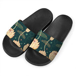 Vintage Lotus Pattern Print Black Slide Sandals