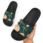 Vintage Lotus Pattern Print Black Slide Sandals