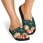 Vintage Lotus Pattern Print Black Slide Sandals