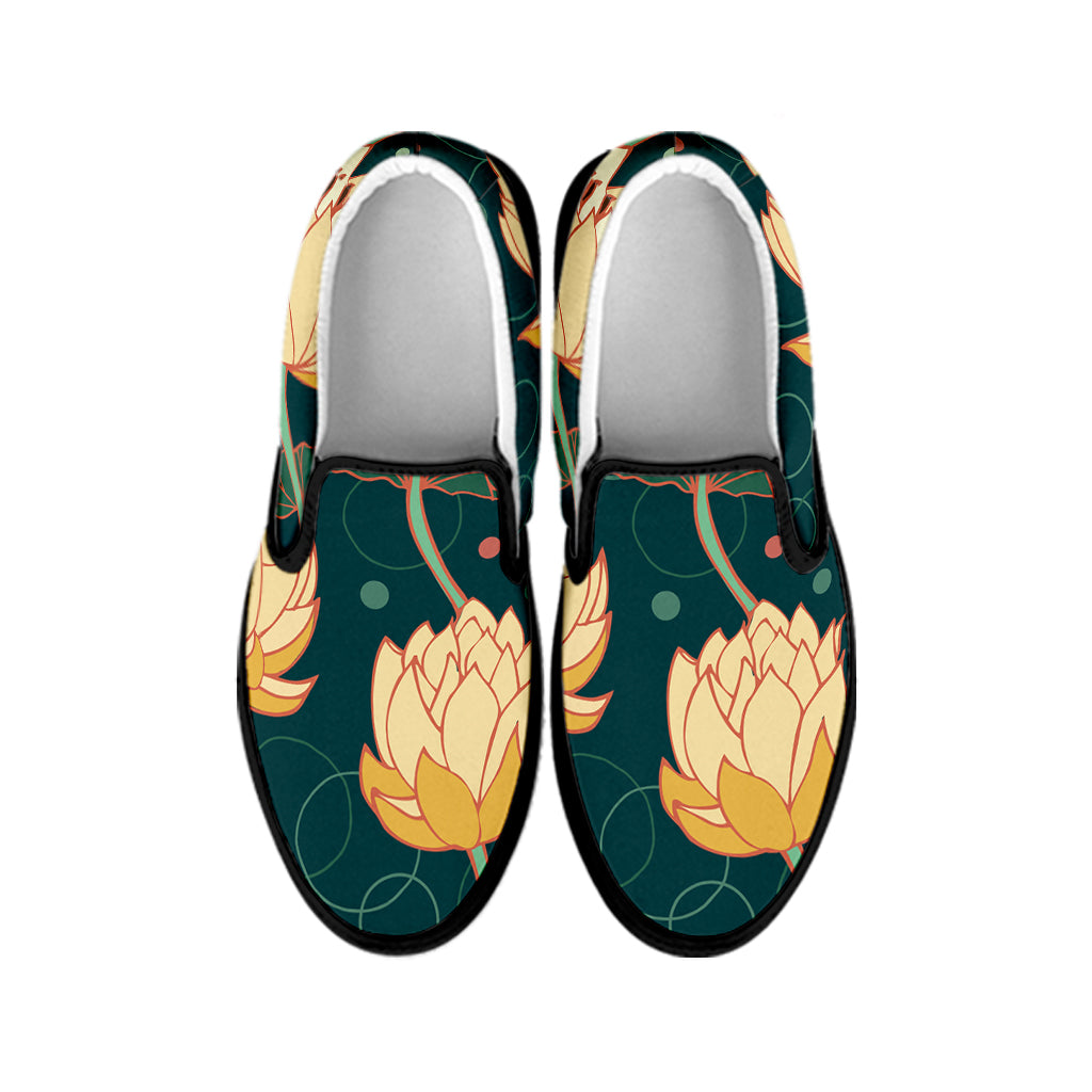 Vintage Lotus Pattern Print Black Slip On Shoes