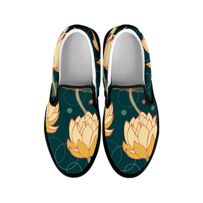 Vintage Lotus Pattern Print Black Slip On Shoes