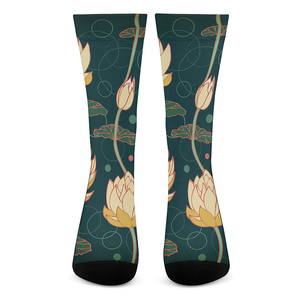 Vintage Lotus Pattern Print Crew Socks