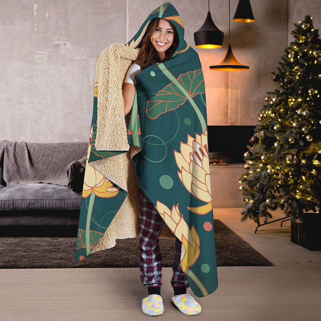 Vintage Lotus Pattern Print Hooded Blanket