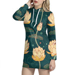 Vintage Lotus Pattern Print Hoodie Dress