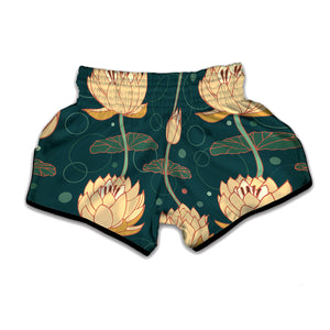 Vintage Lotus Pattern Print Muay Thai Boxing Shorts