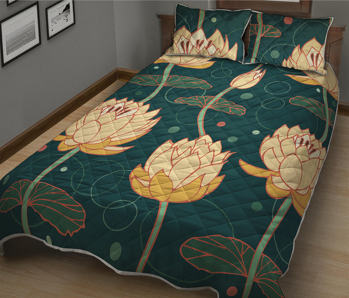 Vintage Lotus Pattern Print Quilt Bed Set