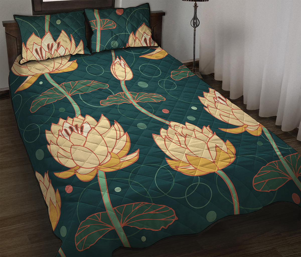 Vintage Lotus Pattern Print Quilt Bed Set