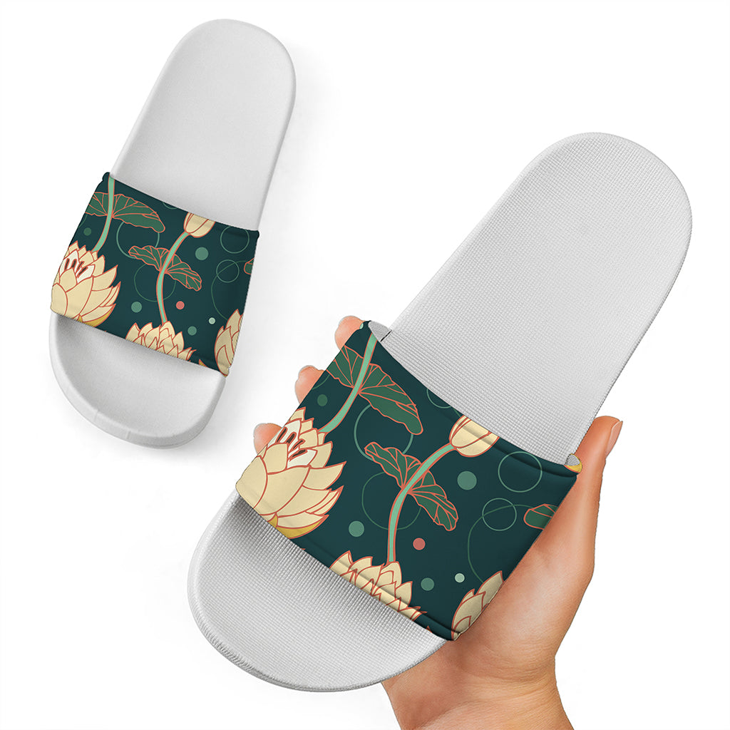 Vintage Lotus Pattern Print White Slide Sandals