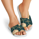 Vintage Lotus Pattern Print White Slide Sandals