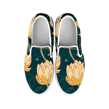 Vintage Lotus Pattern Print White Slip On Shoes