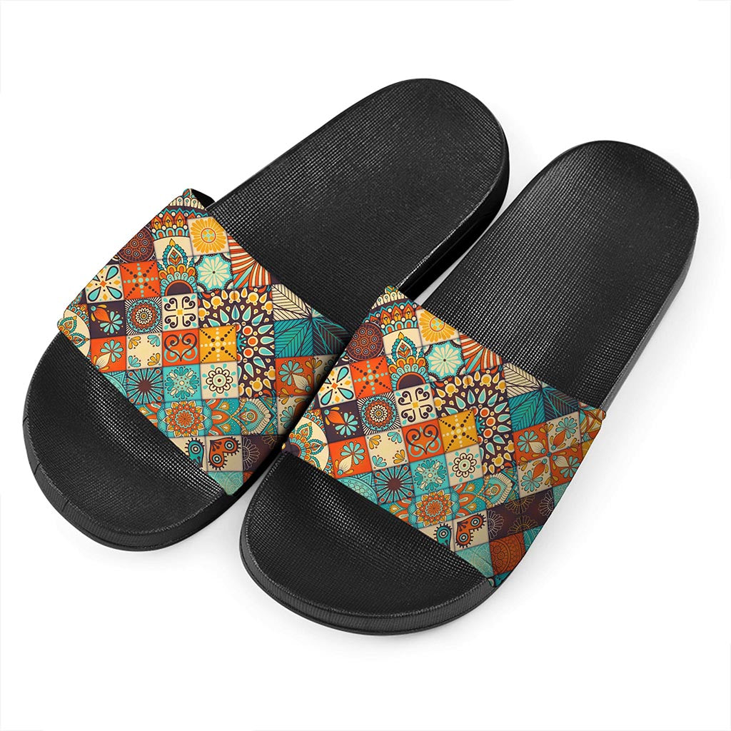 Vintage Mandala Bohemian Pattern Print Black Slide Sandals
