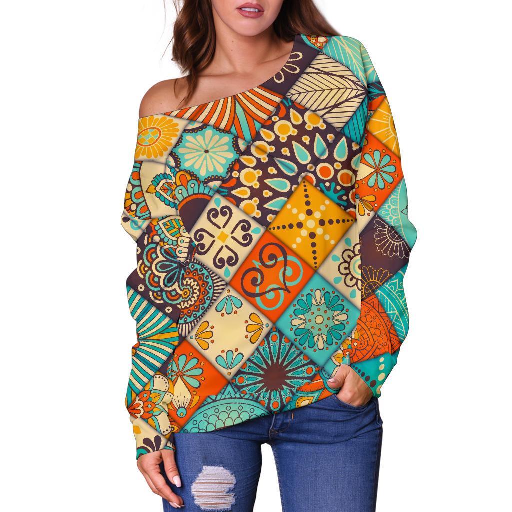 Vintage Mandala Bohemian Pattern Print Off Shoulder Sweatshirt GearFrost
