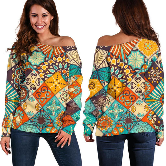 Vintage Mandala Bohemian Pattern Print Off Shoulder Sweatshirt GearFrost
