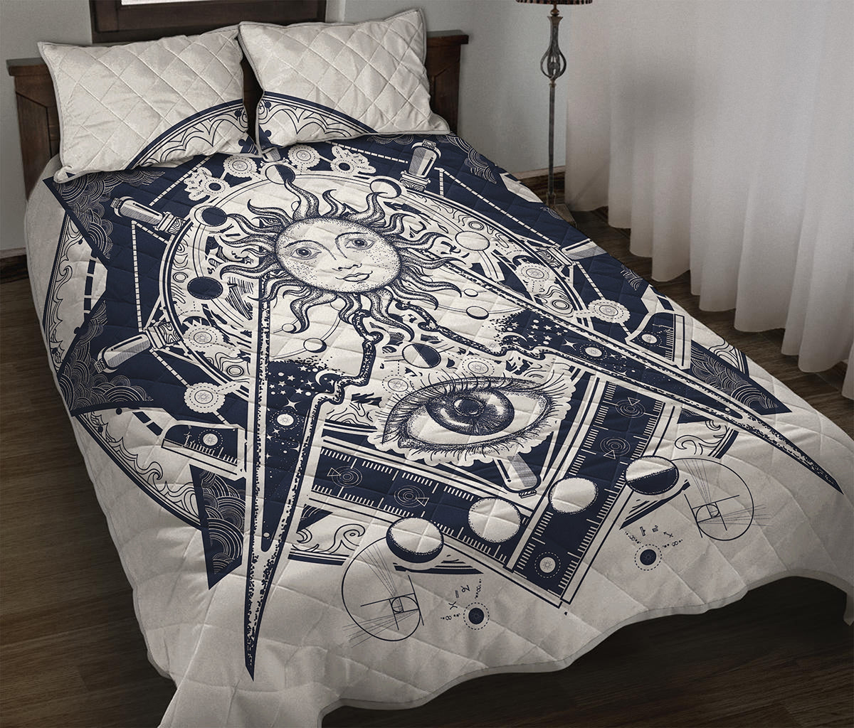 Vintage Masonic Freemasonry Print Quilt Bed Set