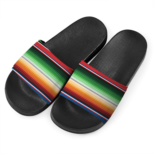 Vintage Mexican Blanket Pattern Print Black Slide Sandals
