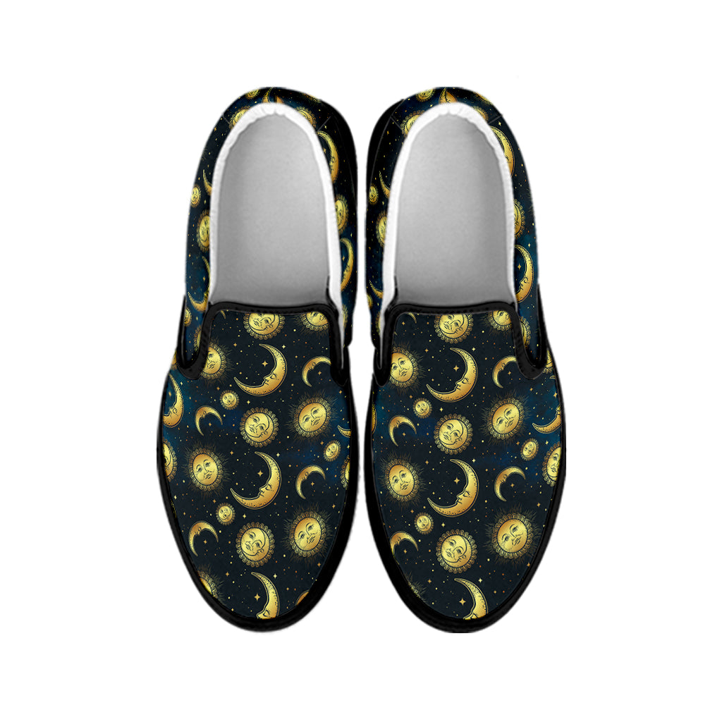 Vintage Moon And Sun Pattern Print Black Slip On Shoes