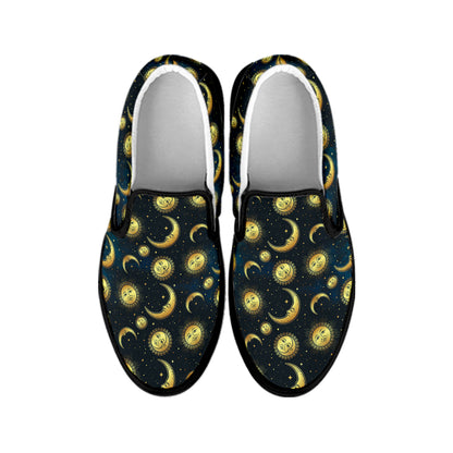 Vintage Moon And Sun Pattern Print Black Slip On Shoes
