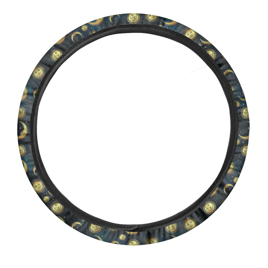 Vintage Moon And Sun Pattern Print Car Steering Wheel Cover