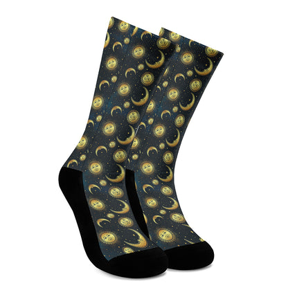 Vintage Moon And Sun Pattern Print Crew Socks