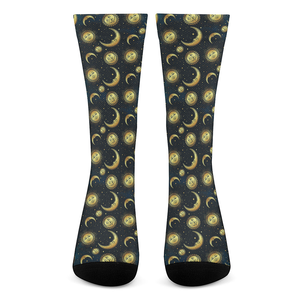 Vintage Moon And Sun Pattern Print Crew Socks