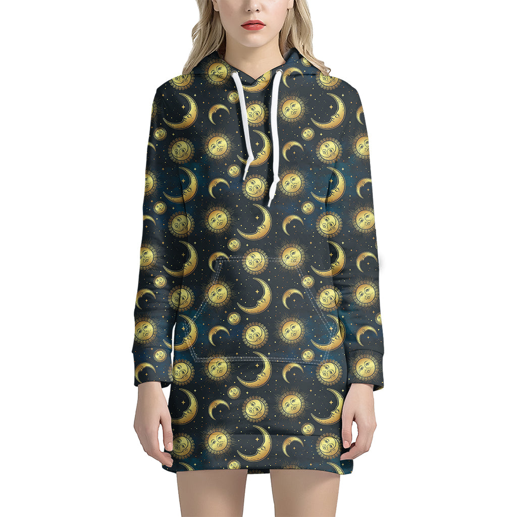 Vintage Moon And Sun Pattern Print Hoodie Dress