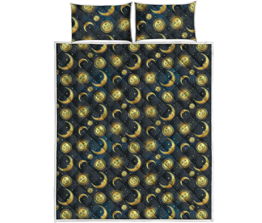 Vintage Moon And Sun Pattern Print Quilt Bed Set