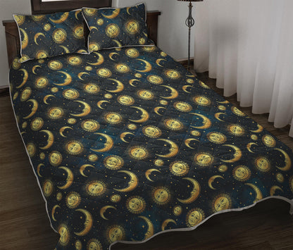 Vintage Moon And Sun Pattern Print Quilt Bed Set