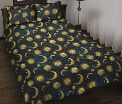 Vintage Moon And Sun Pattern Print Quilt Bed Set