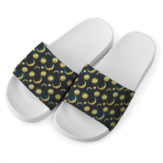 Vintage Moon And Sun Pattern Print White Slide Sandals
