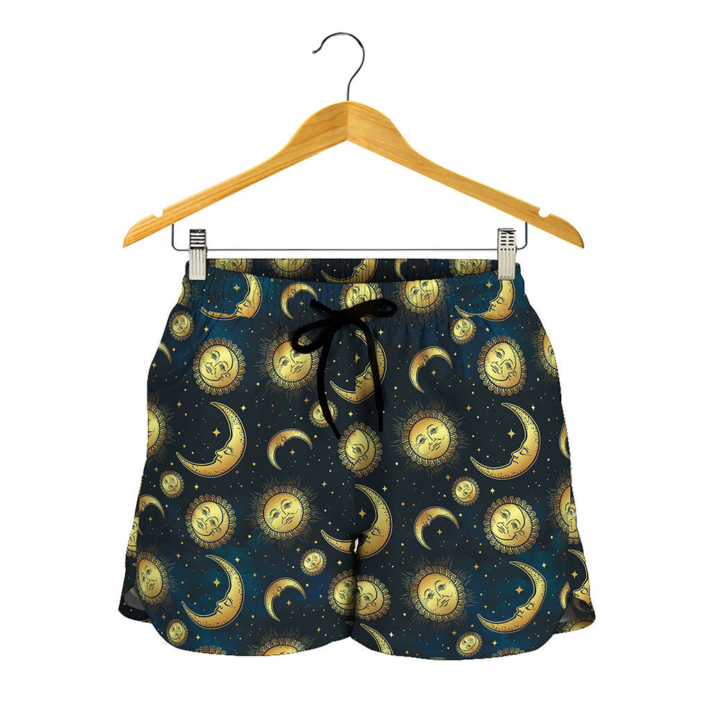 Vintage Moon And Sun Pattern Print Women's Shorts